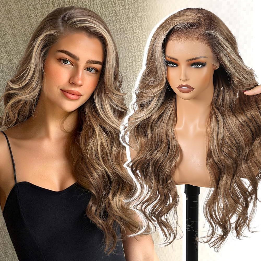 Ash Brown Highlight Synthetic Lace Front Wig,13×6 Balayage Curly Meshless Glueless Wigs for Wome... | Amazon (US)