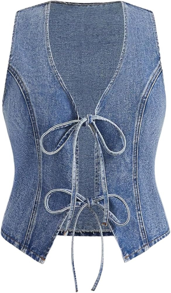 WDIRARA Women's Plus Size Bow Tie Front Denim Vest Jacket Western Sleeveless Jean Outerwear | Amazon (US)