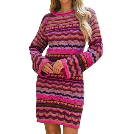 mveomtd Women Sweater Dress Rainbow Striped Long Sleeve Loose Crochet Striped Hollow Out Mini Casual | Walmart (US)