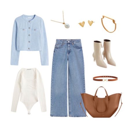 Spring Style, Transitional Style, Outfit inspiration, Pastel Blue Jacket, Mom Jeans, Abercrombie & Fitch Bodysuit, Gold Jewellery, Cream Heeled Boots, Tan Bag 

#LTKeurope #LTKstyletip #LTKSeasonal