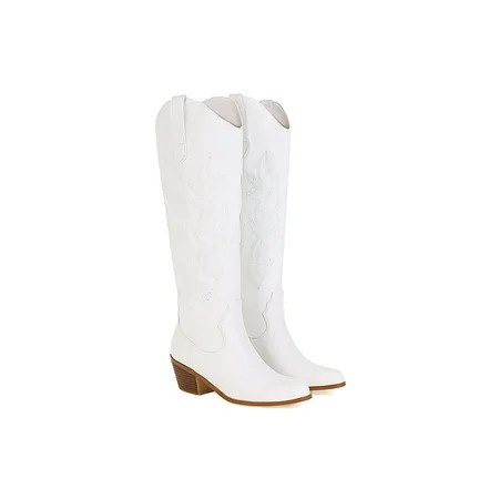 Daeful Cowgirl Boots for Women Embroidered Knee High Cowboy Boots Fashion Pull on Tall Western Boot White 8 | Walmart (US)