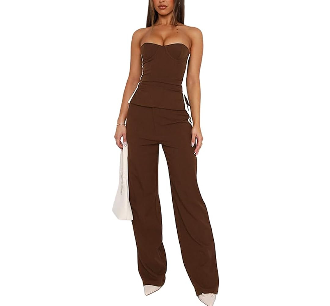 Molilove Lounge Sets For Women Summer Slit Sleeveless Backless Tube Top High Waist Palazzo Pants ... | Amazon (US)