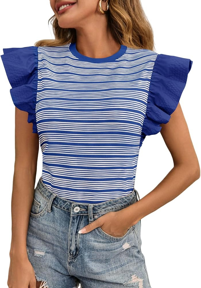 Tankaneo Womens Ruffle Striped Tank Tops Summer Crew Neck Sleeveless Shirts Loose Fit Dressy Casu... | Amazon (US)