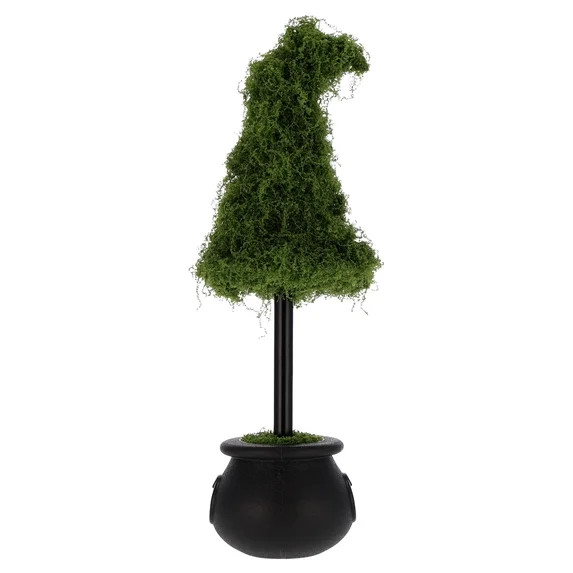 My Texas House Halloween Moss Witch Hat Topiary in Cauldron, Green and Black, 20" | Walmart (US)