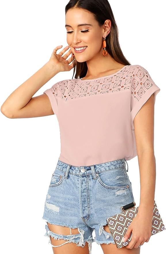 WDIRARA Women's Summer Floral Bow Tie Lace Yoke Regular Fit Casual Top Blouse | Amazon (US)