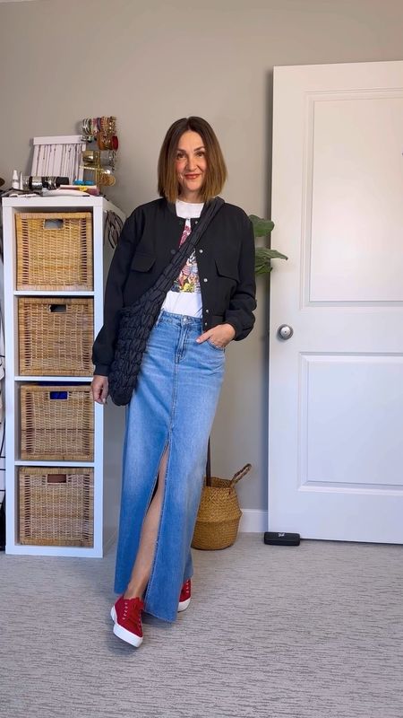 Spring outfit, pops of red! My graphic tee is old but I linked similar. My maxi denim skirt is so comfortable and fits tts, I’m 5’ 7 wearing size S. Sized up to M in the bomber jacket for more sleeve length. Red sneakers fit tts.


#LTKVideo #LTKshoecrush #LTKitbag