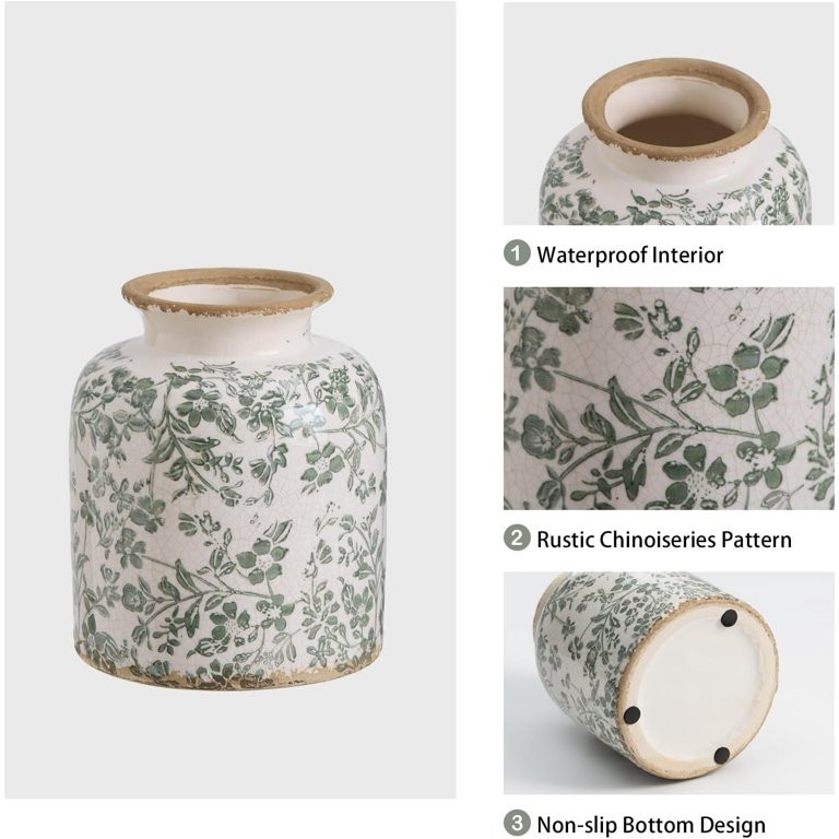 Vintage Chinoiserie Ceramic Vase, Ice Cracked Flower Vases, Hand-Painted Green Botanical Design f... | Walmart (US)