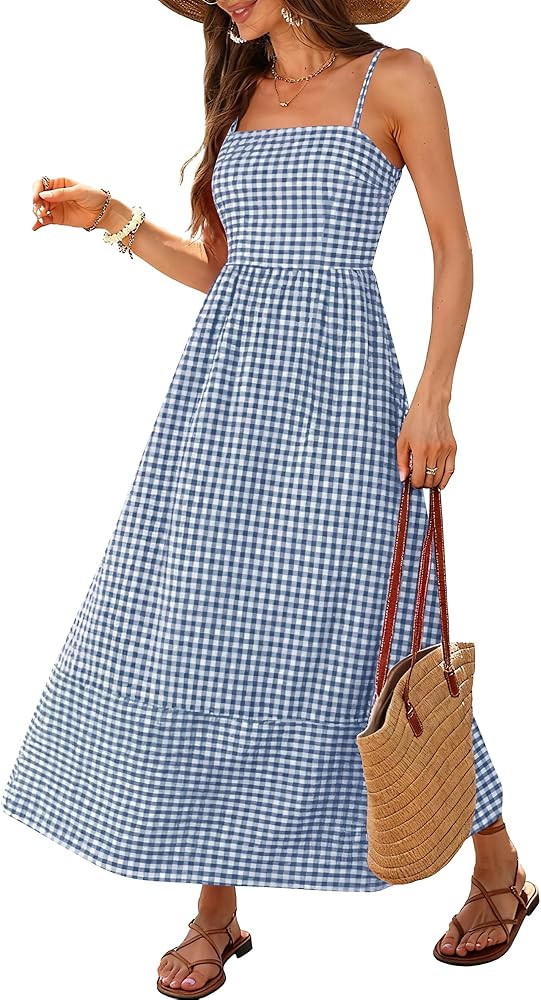 Caracilia Womens Maxi Dresses Gingham Spaghetti Strap Back Smocked Flowy Long Sundress Summer Bea... | Amazon (US)