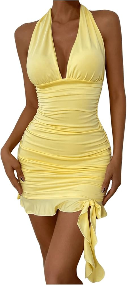 Floerns Women's Sleeveless Halter Neck Tie Back Ruffle Hem Party Mini Dress | Amazon (US)
