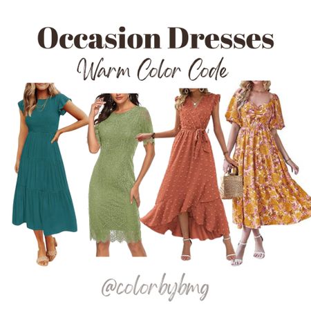 Warm Color Code Occasion Dresses

Warm Autumn or Warm Summer

Dress colors from left to right:

1. Teal Green
2. Olive
3. Swiss Dot Orange Red
4. Floral Yellow

#LTKfindsunder50 #LTKstyletip
