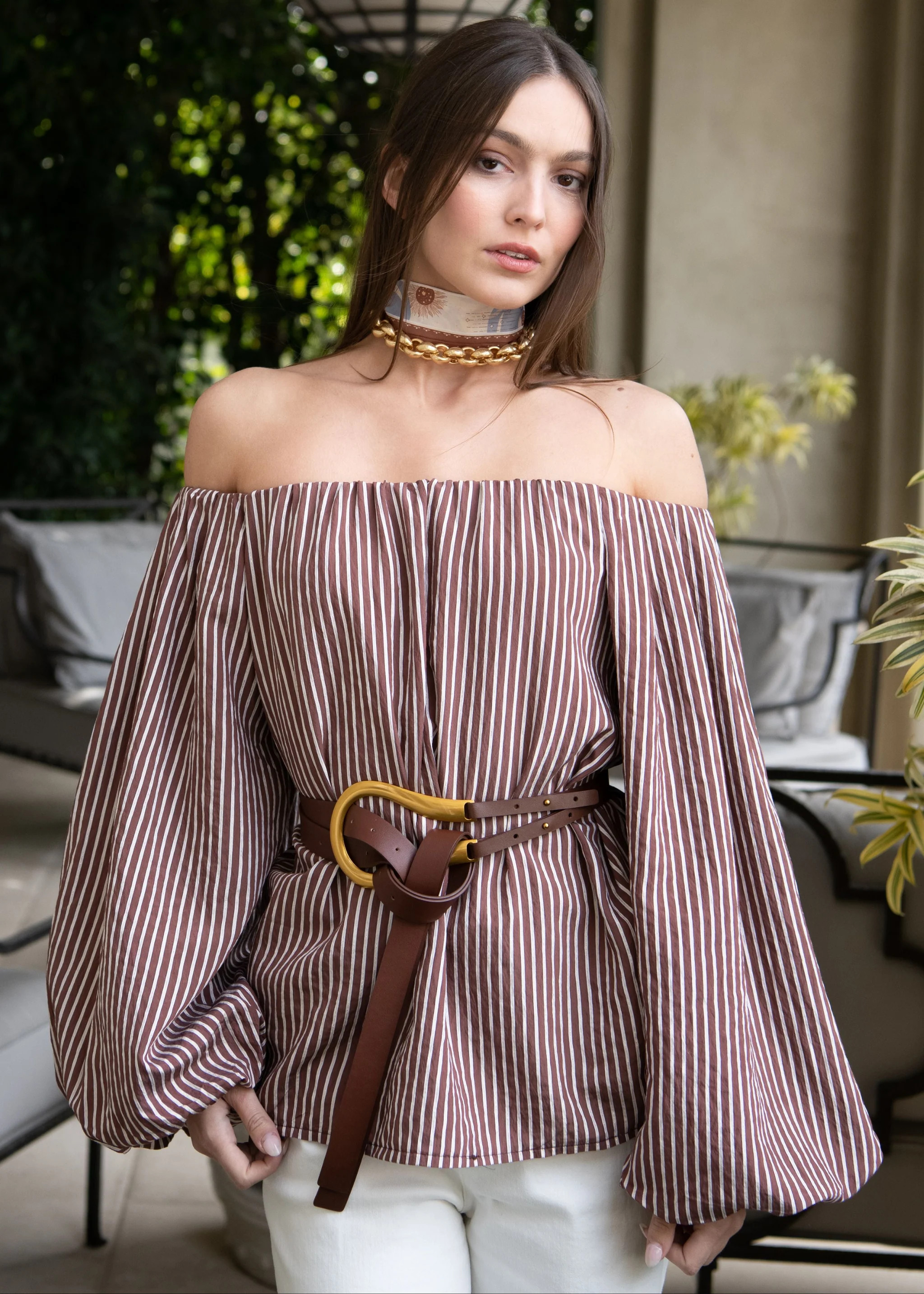 Candace Brown and White Stripe Off-the-Shoulder Top | Benaar La