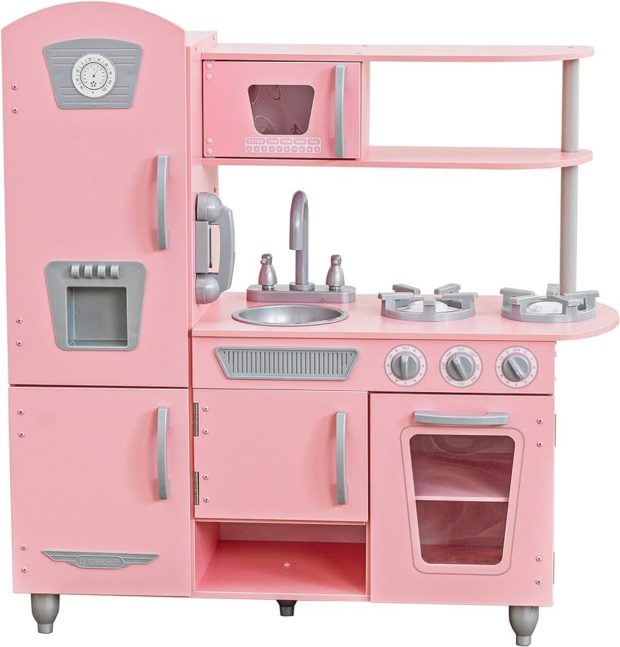 KidKraft Vintage Wooden Play Kitchen with Pretend Ice Maker and Play Phone, Pink | Amazon (US)