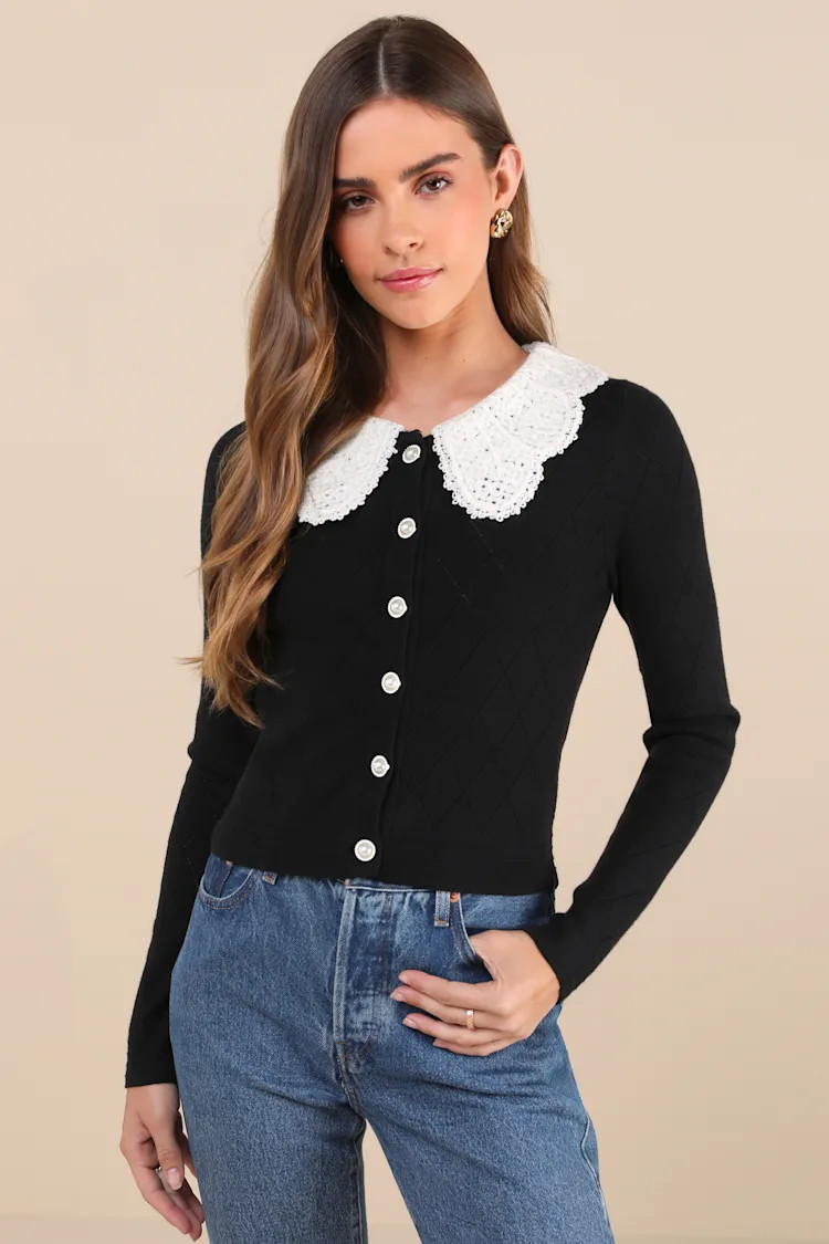 Coquette Babe Black Pointelle Pearl Peter Pan Collar Cardigan | Lulus