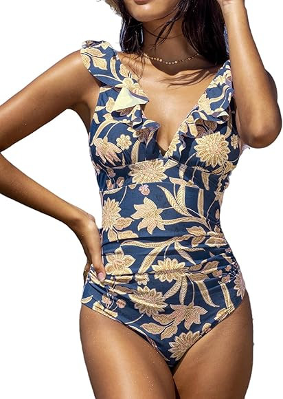 CUPSHE Women's Ruffled One Piece Swimsuit V Neck Lace Up | Amazon (US)