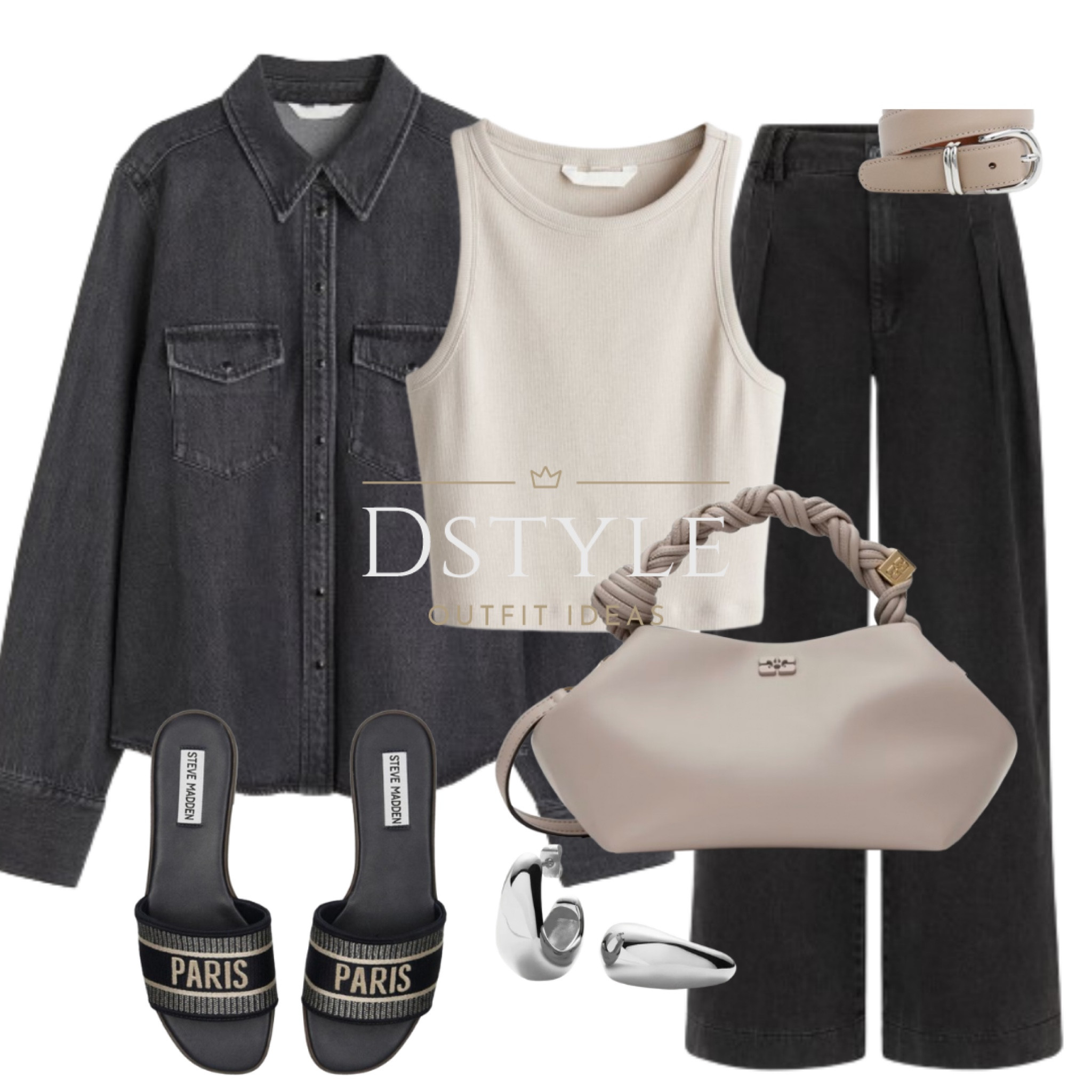 Dark grey denim shirt, jeans, light greige cropped top, taupe bag, taupe belt, slide sandals ootd, Ganni, Steve Madden, comfy look, spring style, easy fit

#LTKstyletip #LTKfindsunder50 #LTKitbag