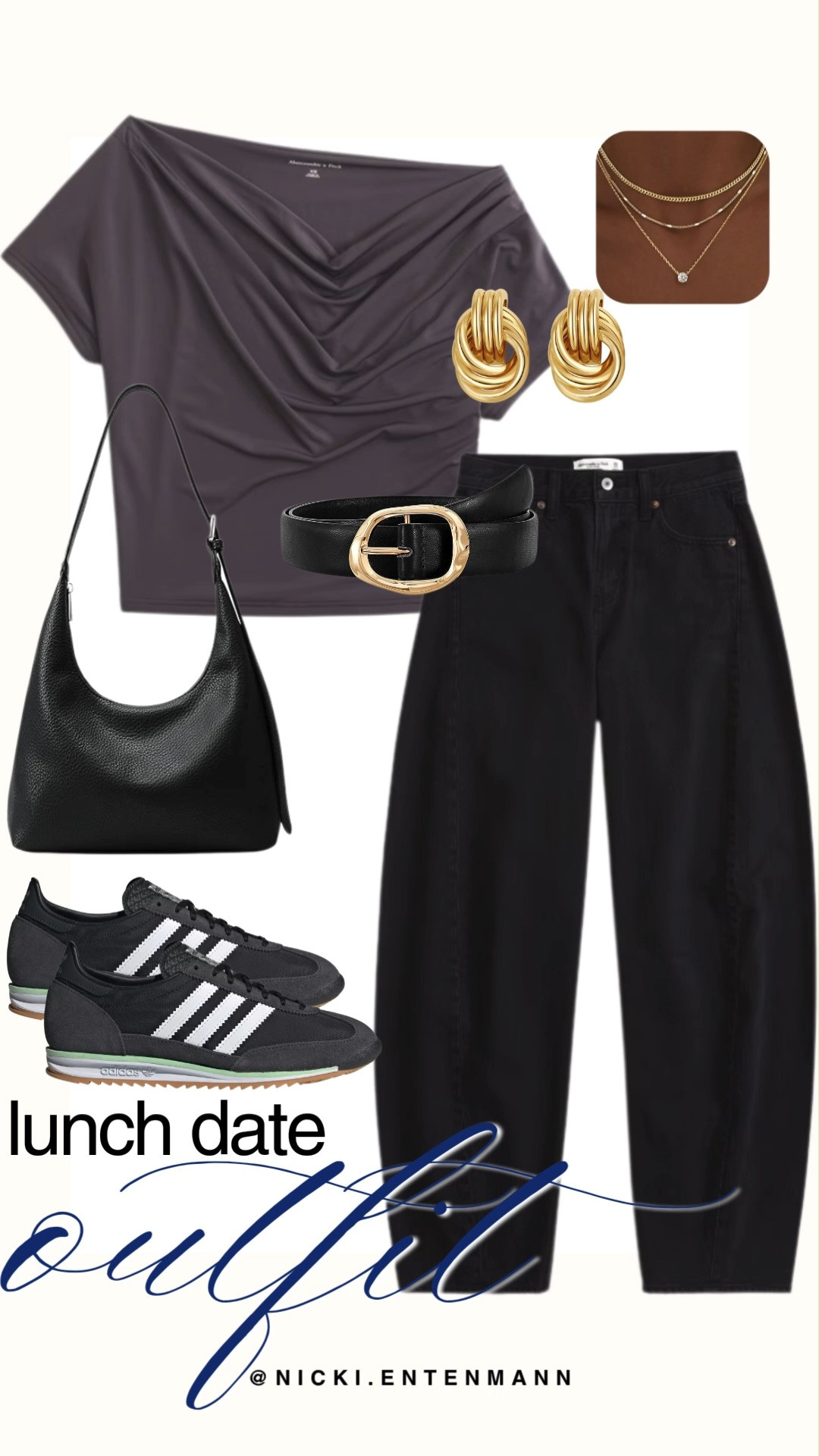 Keep it effortlessly chic for your next mid-day outing with this stylish lunch date outfit. The look pairs a sophisticated, draped off-the-shoulder top in deep charcoal with high-waisted black wide-leg jeans. Complete the ensemble with a classic black leather shoulder bag, sporty black Adidas sneakers, a gold-buckled belt, layered gold necklaces, and chunky door-knocker earrings.

#lunchdate #casualchic #everydaylook #streetstyle #abercrombie #adidas #denimstyle #casualoutfit #dateoutfit #chicstyle 

 #LTKootd #LTKmomlife #LTKTravel