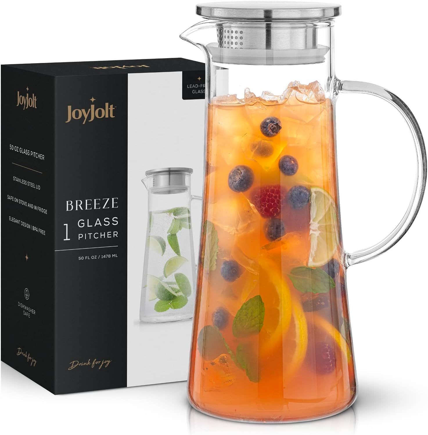 JoyJolt Glass Pitcher with Lid - 50oz Glass Water Pitcher, Iced Tea Jug, Sun Tea Pitcher, Lemonad... | Amazon (US)