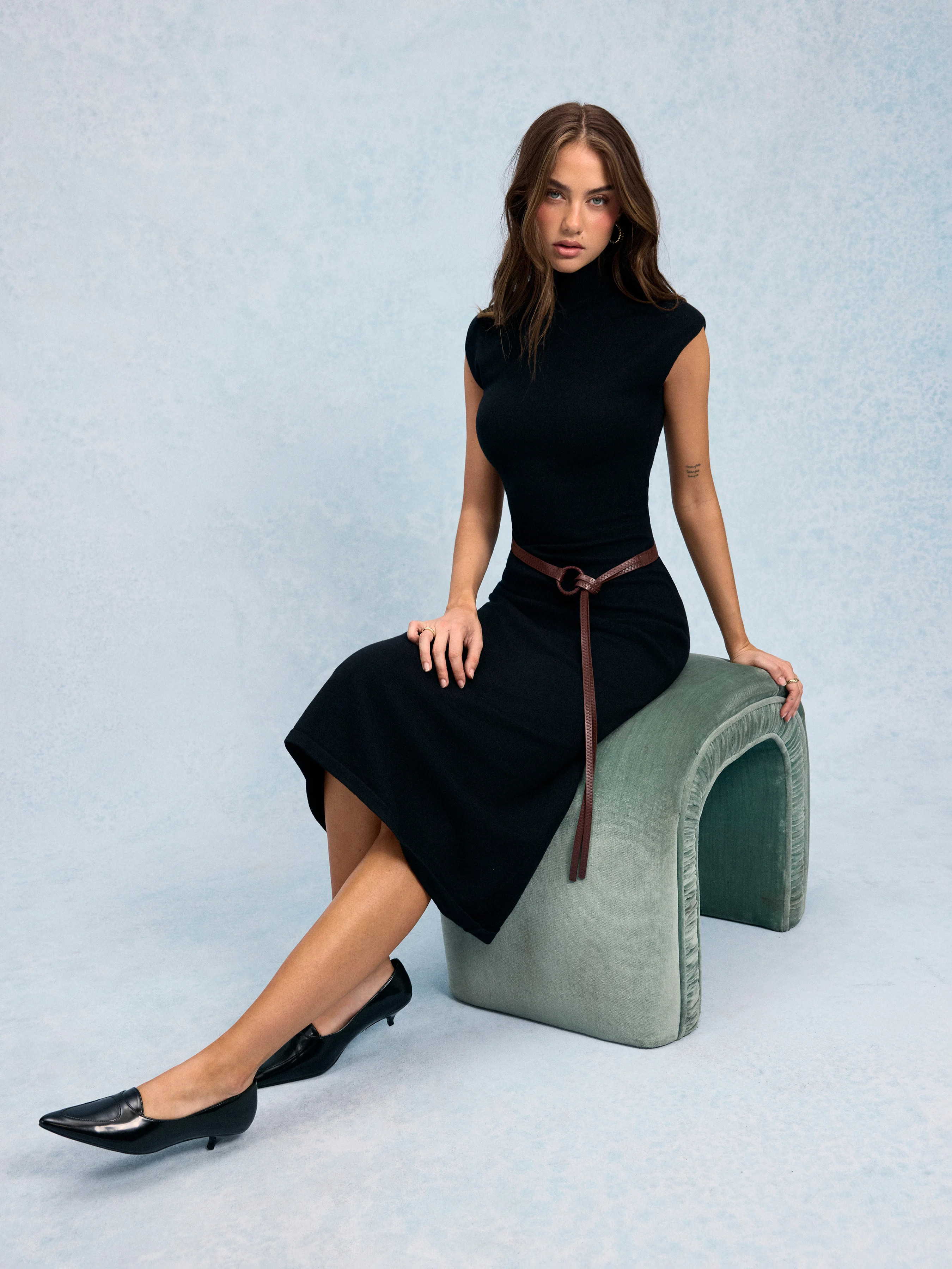 Knit Fabric Knit High Neck Sleeve A-line Maxi Dress With Belt For Daily Casual | Cider