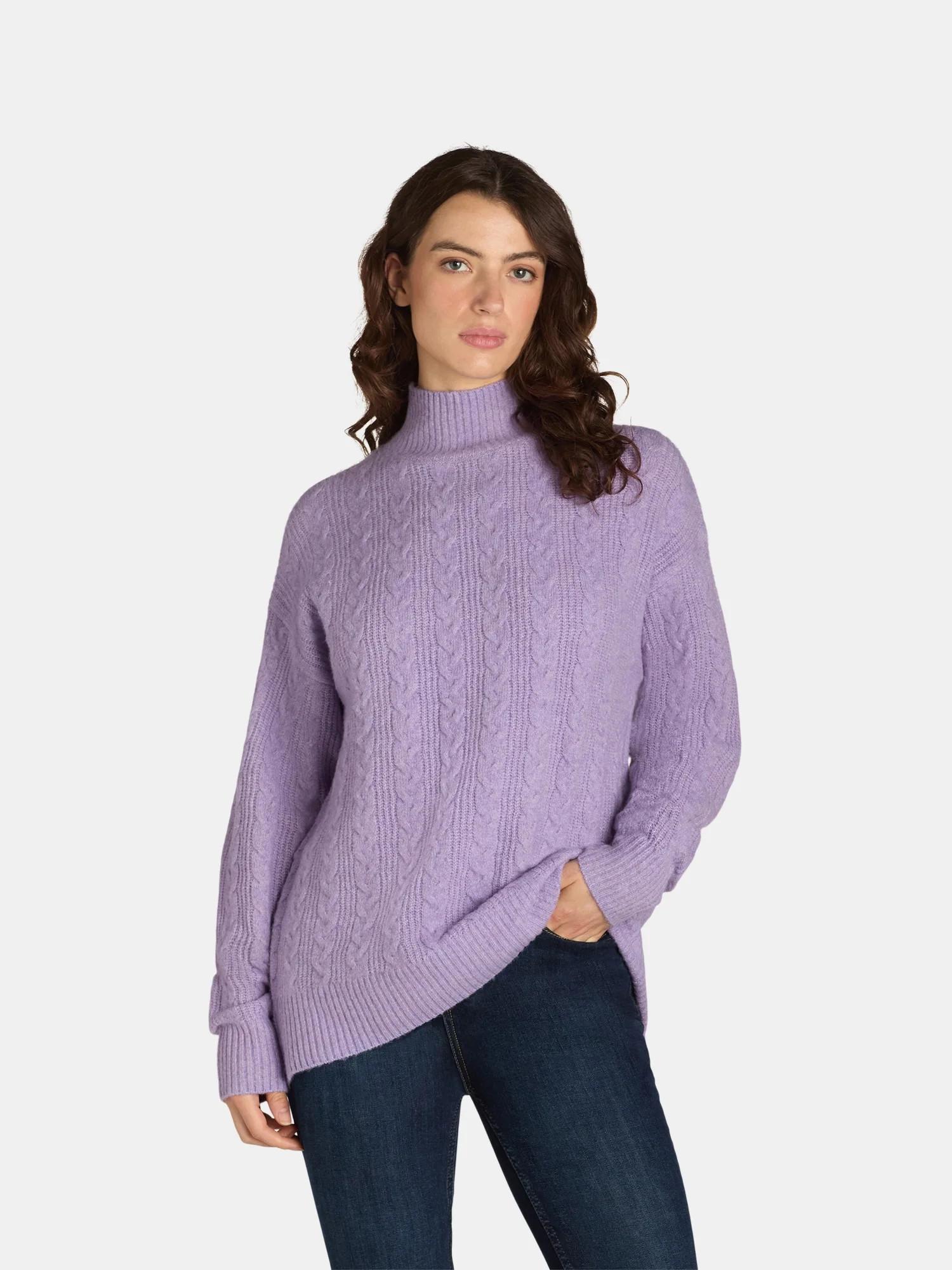 Time and Tru Women's and Women’s Plus Cable Knit Mock Neck Sweater, Sizes XS-3X | Walmart (US)