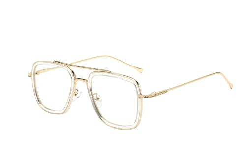 OWL Tony Stark Sunglasses Metal Frame Square Aviator Spiderman Glasses UV Protection Ironman Edith Sunglasses for Men Gold Clear | Amazon (US)