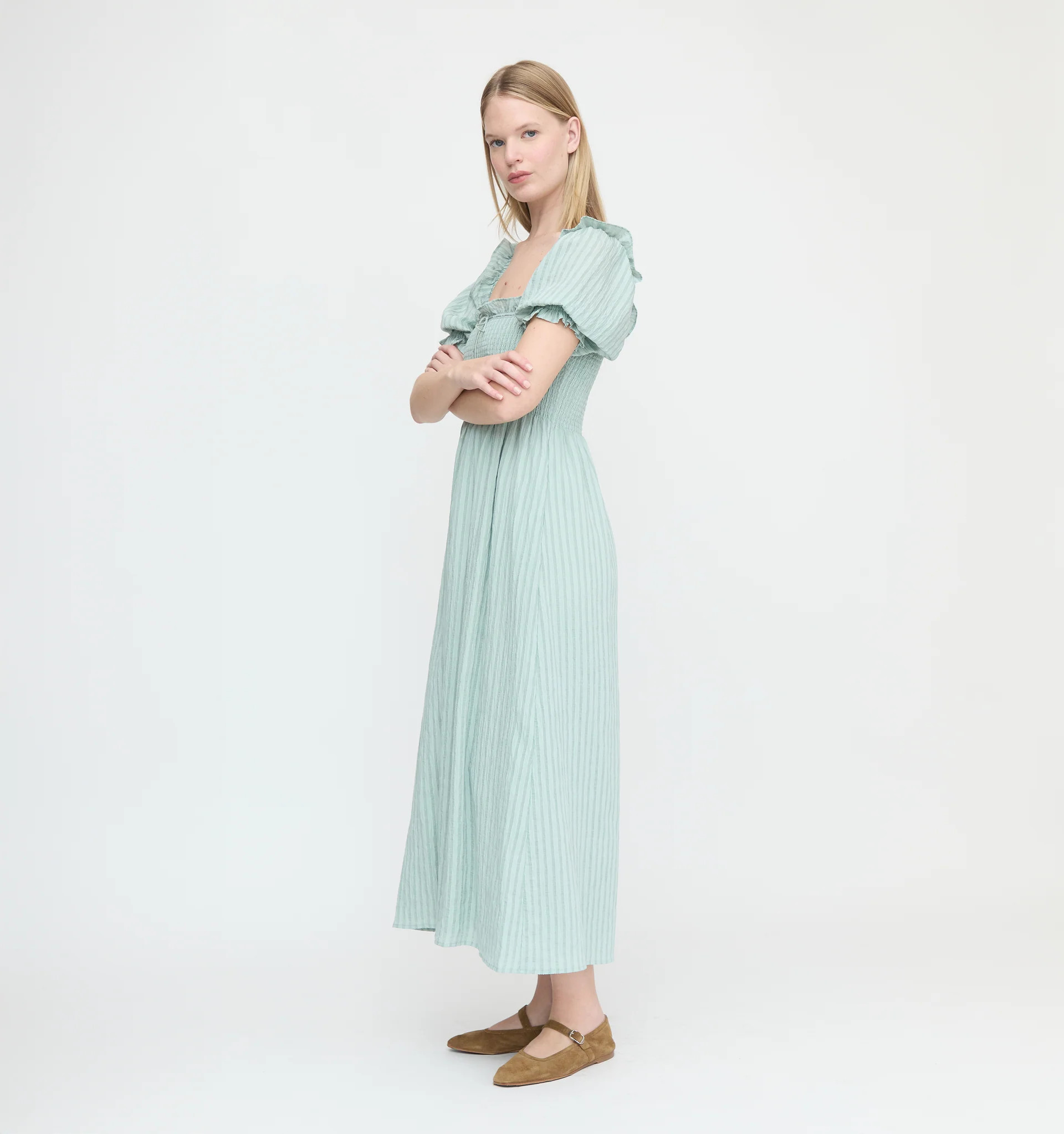 The Scarlett Nap Dress - Soft Green Tonal Seersucker | Hill House Home US