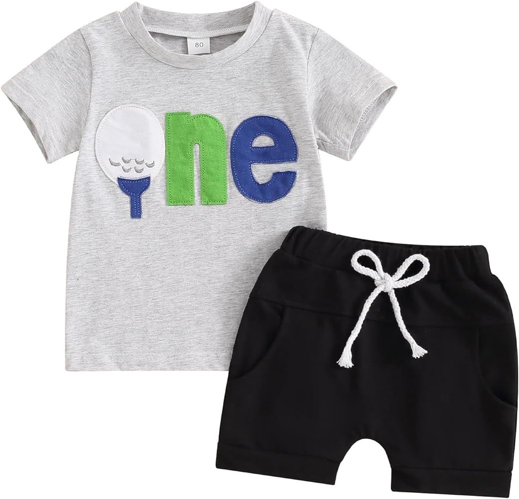 Baby Boy First Birthday Golf Outfits Hole in One Golf Ball T-Shirt Tops+ Shorts Set 2Pcs Summer C... | Amazon (US)