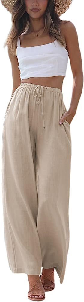 Women's Cotton Linen Summer Palazzo Pants Flowy Wide Leg Beach Trousers with Pockets | Amazon (US)