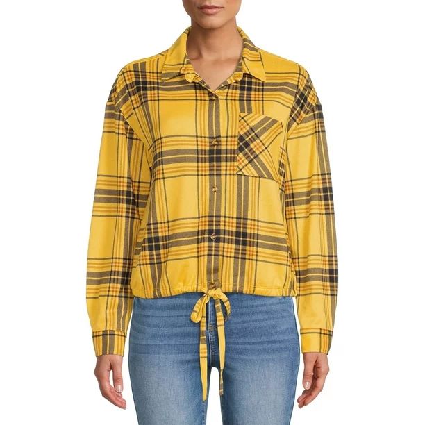 No Boundaries Juniors' Tie Front Knit Plaid Shirt | Walmart (US)