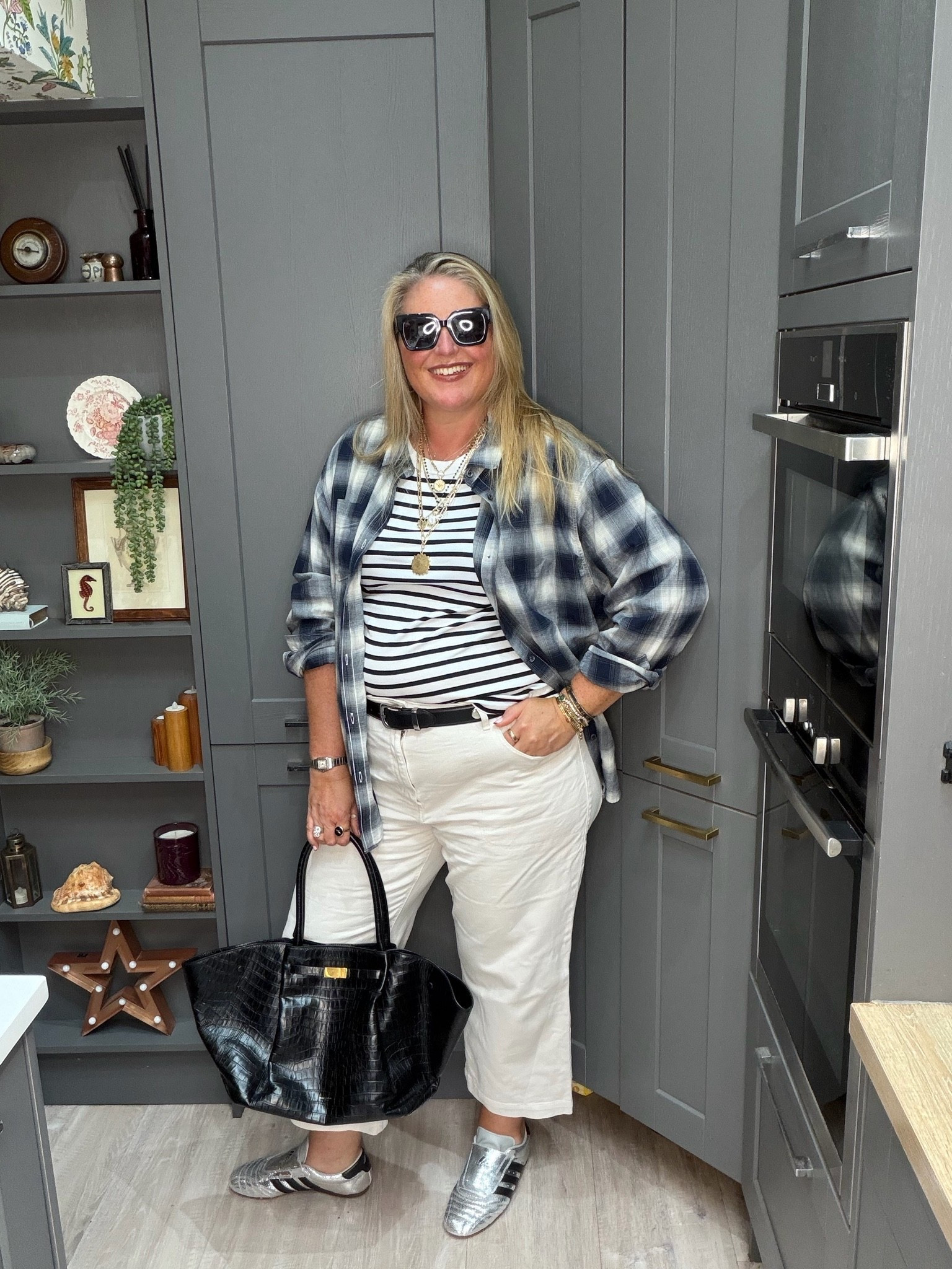 Check shirt, stripe vest, cropped jeans, black tote bag, belt, black sunglasses, silver trainers

#LTKautumn #LTKplussize #LTKstyletip