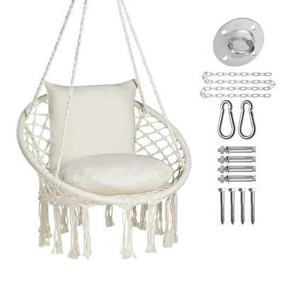 Macrame Hammock Chair With 2 Cushions And Hardware Kits,hanging Swing Chair For Indoor Outdoor Patio Garden- Beige | Wayfair North America