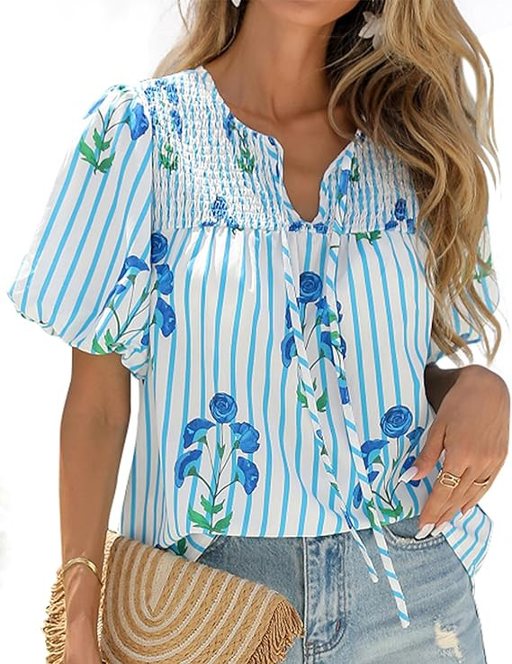 KIRUNDO Boho Tops for Women Summer 2026 Dressy Floral Blouse V Neck Drawstring Short Sleeve Shirt... | Amazon (US)