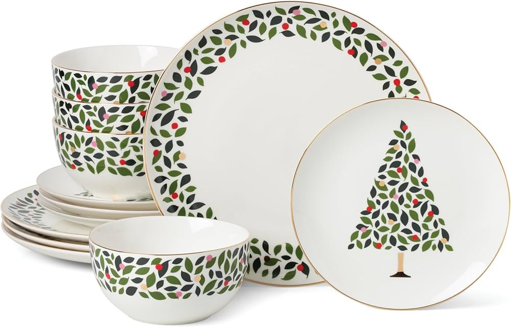 kate spade new york Evergreen 12-Piece Dinnerware Set, 12 Count, Ivory, Christmas Dinnerware Set,... | Amazon (US)