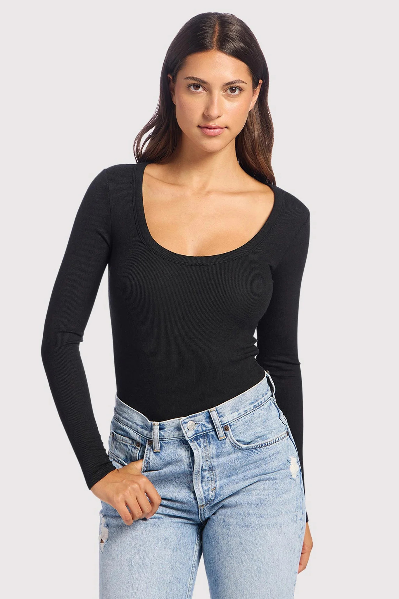 Slinky Rib Long Sleeve Bodysuit | Black | Nuuds US
