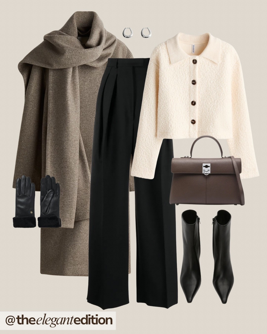 BROWN & CREAM WINTER ELEGANCE 🤎🤍
brown wool coat oversized long taupe cream knit cardigan button up polo collar textured black wide leg trousers pants tailored black ankle boots heeled pointed toe brown leather handbag structured bag black leather gloves silver earrings fashion autumn winter office outfit elegant sophisticated neutral style

#LTKeurope #LTKstyletip #LTKworkwear

#LTKwinter #LTKstyletip #LTKeurope
