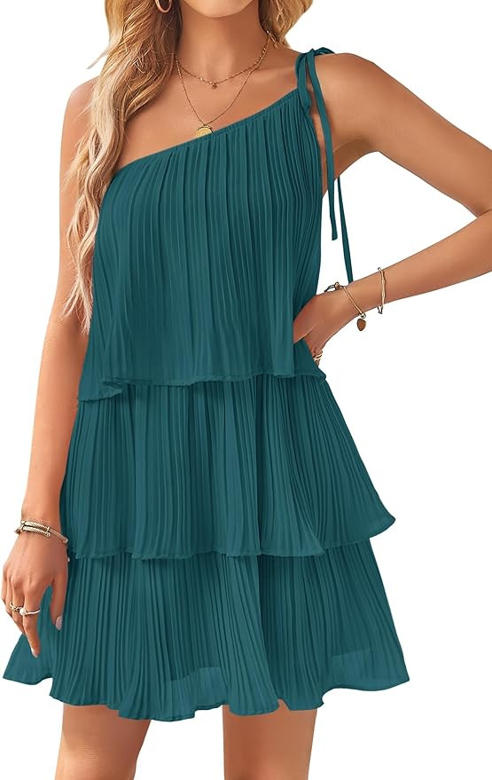 ZESICA Women's 2024 Boho Summer One Shoulder Sleeveless Ruffle Tiered Layered Chiffon Pleated A L... | Amazon (US)