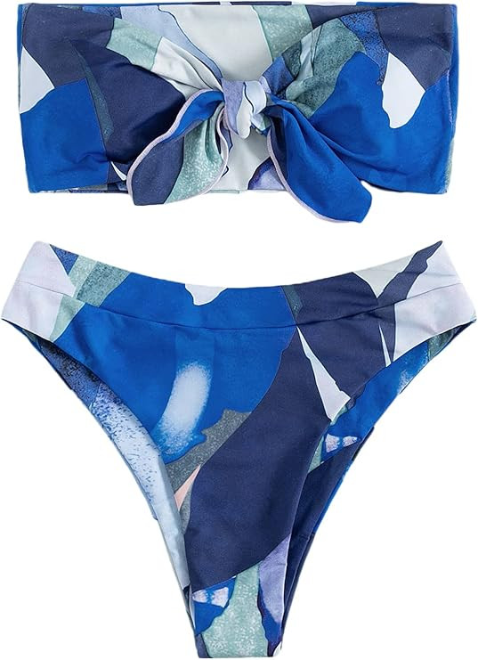 SheIn Women's Graphic Swimsuit Tie Front Bandeau and High Waist Panty Bikini Set Bathing Suit | Amazon (US)