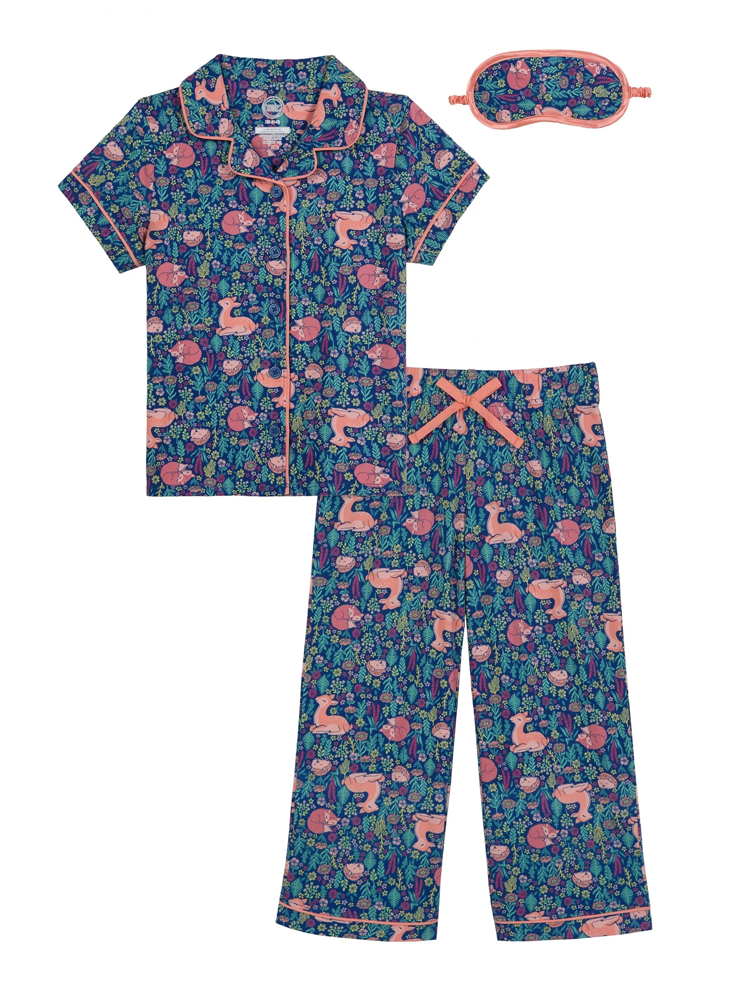Wonder Nation Girls Button Front Short Sleeve Top & Pant Pajama Set with an Eyemask, 3-Piece, Siz... | Walmart (US)