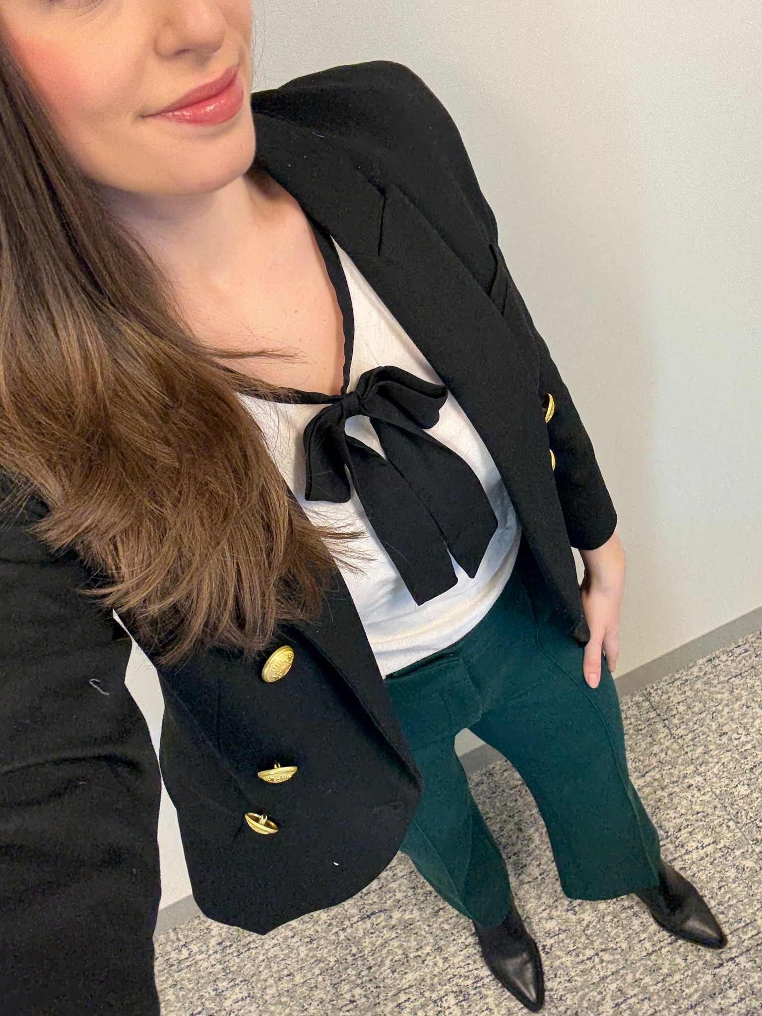 Office style, office outfit, workwear, winter workwear, winter office style, corporate style, corporate fashion, green suit, green suiting, corporate girlie, double breasted blazer, bow blouse, courthouse attire, courtroom attire, black ankle boots

#LTKWorkwear #LTKootd #LTKTall