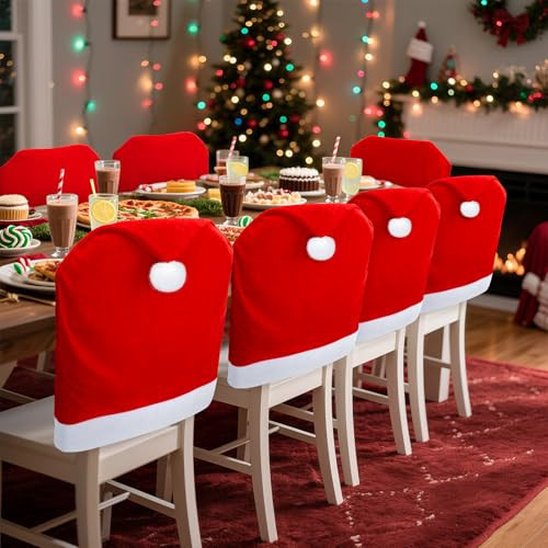RJVW Christmas Chair Covers of 4, Thicken Velvet Santa Claus Hat Dining Room Stool Covers, Soft Xmas Kitchen Chair Covers, Christmas Home Decor for Xmas Indoor Home Holiday Party Decorations. | Amazon (US)