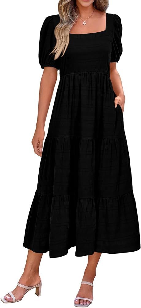PRETTYGARDEN Women's Summer Dresses 2024 Puff Sleeve Square Neck High Waist Smocked A-Line Flowy ... | Amazon (US)