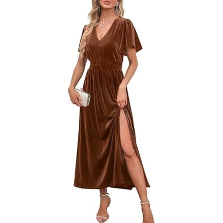 MEROKEETY Women's 2023 Short Sleeve V Neck Velvet Maxi Dress Long Flowy Wedding Guest Party Dresses | Amazon (US)