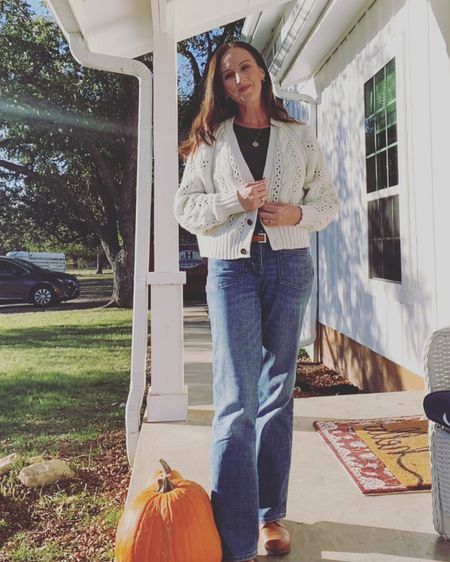 Easy, classic fall outfits: long sleeve tee & cropped cardigan, boot cut jeans, & Chelsea boots. Perfect for family photos, work, or every day mom life. 

#LTKstyletip #LTKSeasonal #LTKover40