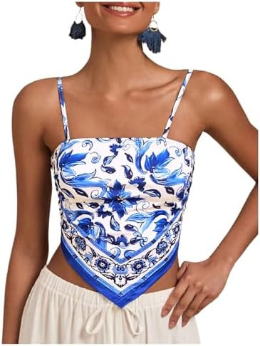 BEAUDRM Women's Boho Graphic Sleeveless Camisole Y2k Asymmetrical Hem Cropped Cami | Amazon (US)