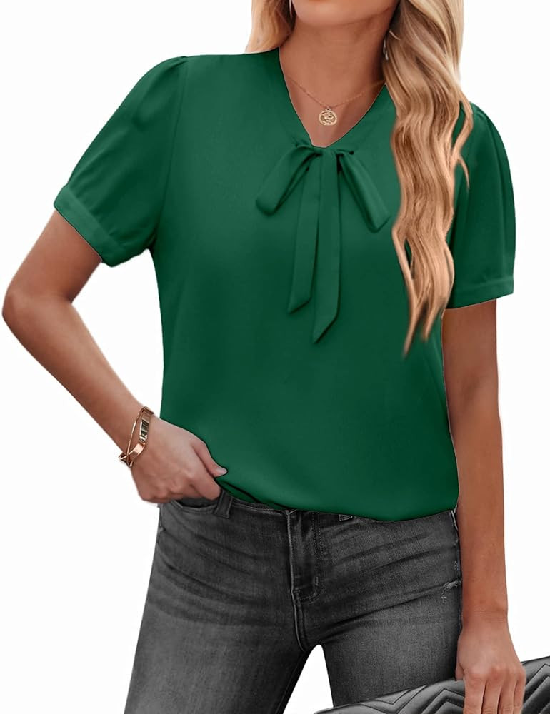 ACEVOG Womens Blouse Short Sleeve Chiffon Shirts Bow Tie Neck Business Tops Breathable Summer Shi... | Amazon (US)