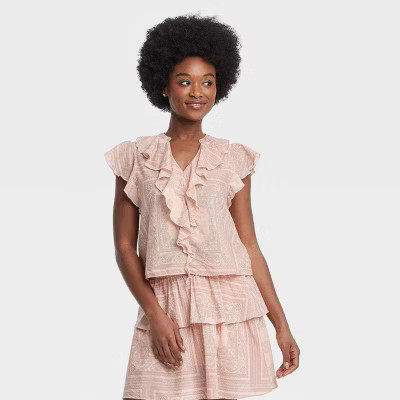 Women's Flutter Short Sleeve Blouse - Universal Thread™ Pink Paisley S: Cotton-Viscose Blend, V Neck, Pullover Style | Target