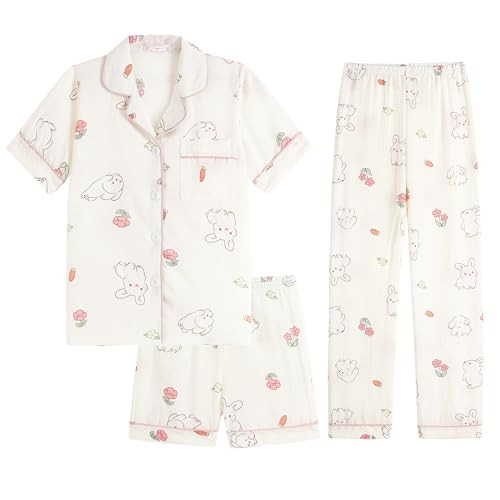 Hupohoi Big Girls Button Down Pajama Set 3pcs Short Sleeve Long Pants with Shorts Crepe Wrinkled Fabric Sleepwear Cute Patterns Nighty, Rabbit, 14 | Amazon (US)