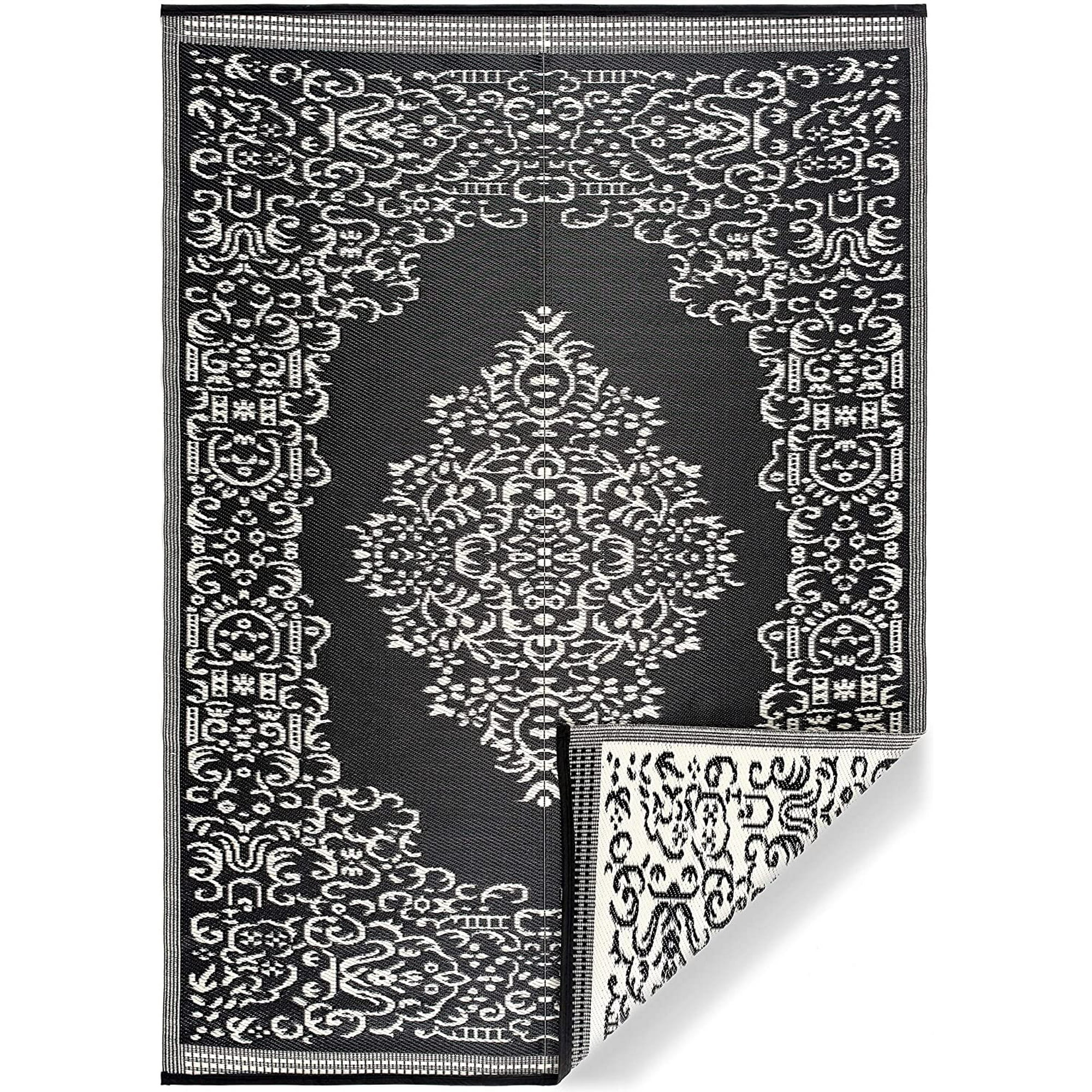 Lightweight Indoor Outdoor Reversible Plastic Area Rug - 10x13 - Oriental Black/White | Walmart (US)