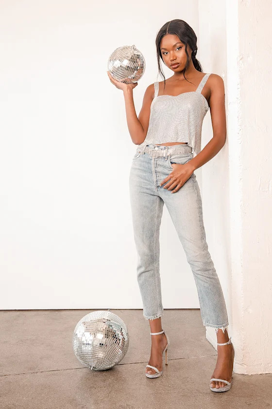 When the Party Calls Silver Rhinestone Chainmail Crop Top | Lulus (US)