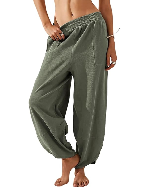Springrain Womens Baggy Wide Leg Pants Cotton Elastic Waisted Loose Palazzo Harem Pants with Pock... | Amazon (US)