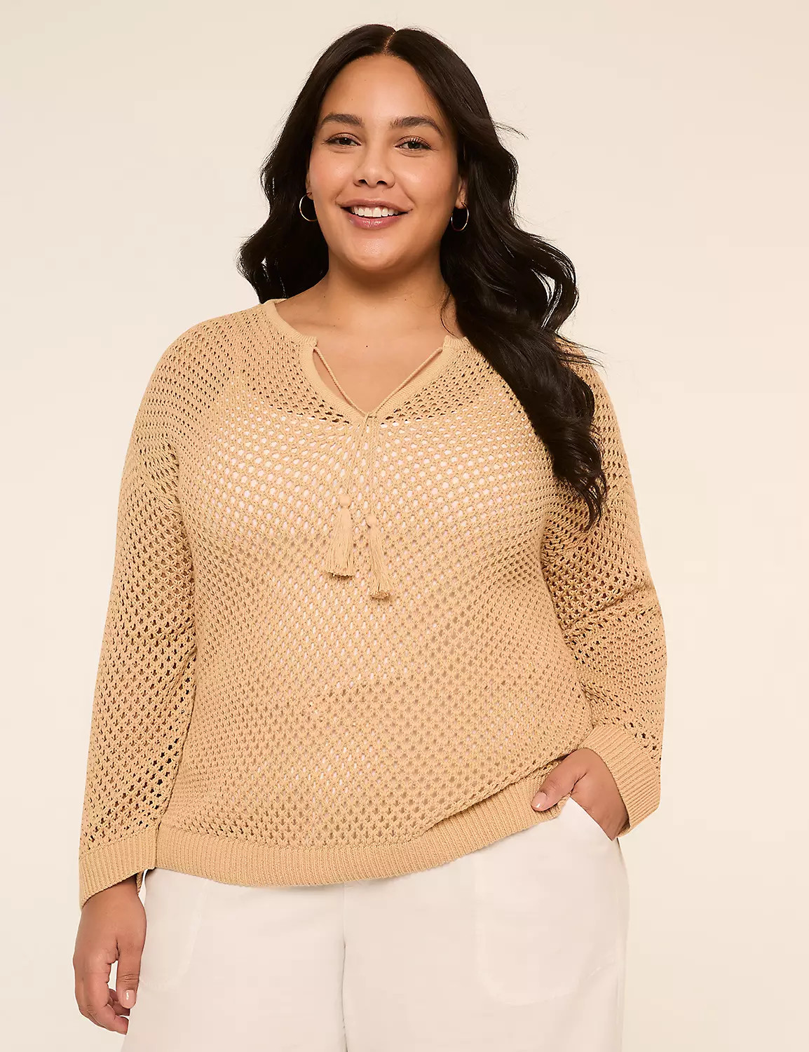 Tassel-Tie Open-Stitch Sweater Tunic | LaneBryant | Lane Bryant (US)